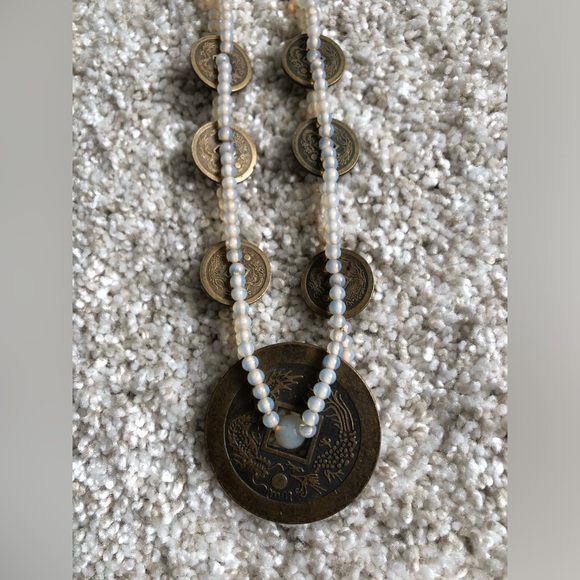 VTG Japanese Coin Necklace Dragon & Phoenix Translucent Moonglow Glass Beads 32” - Picture 8 of 12